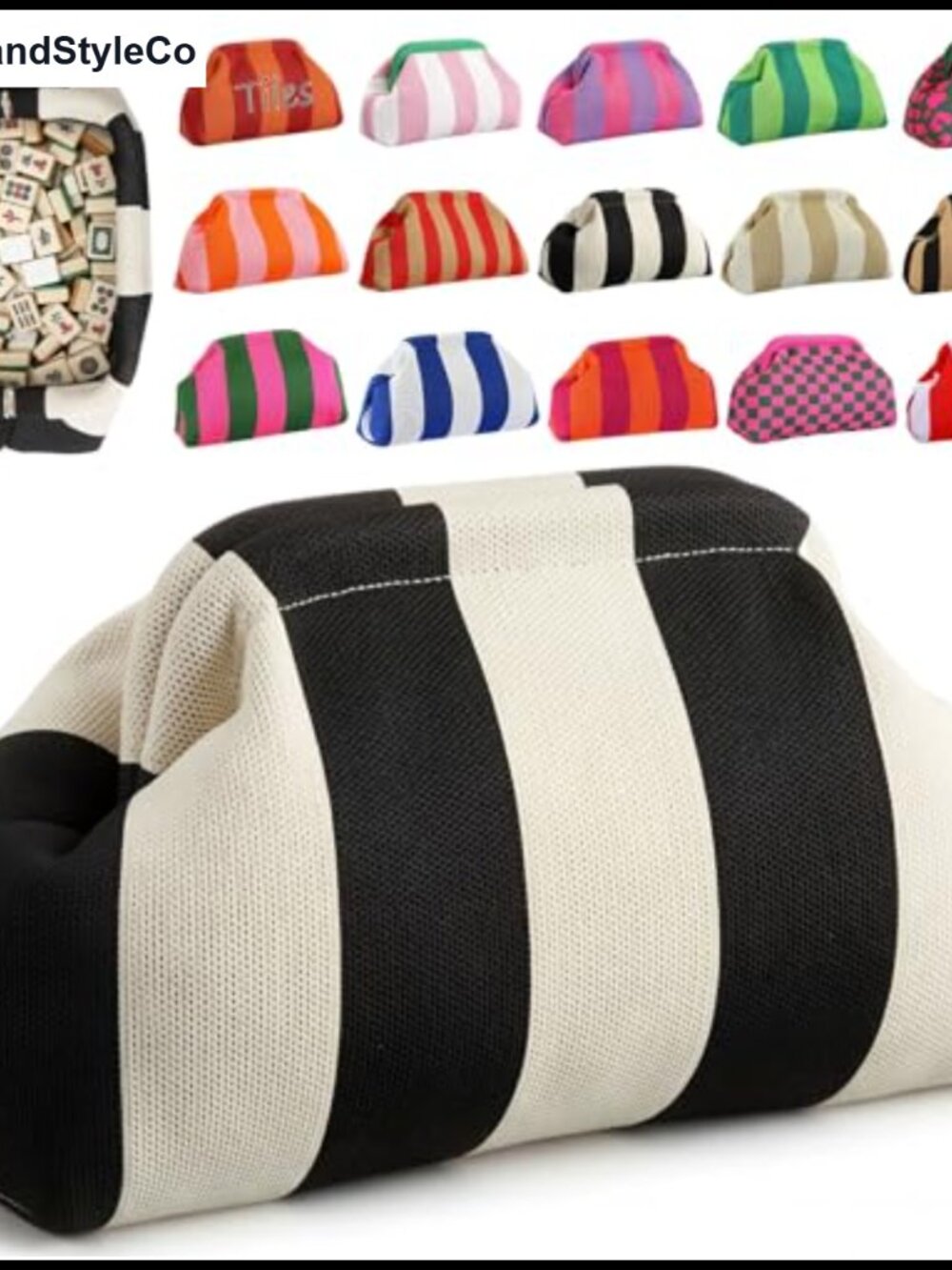 Crochet Mahjong Tile Bag Striped Clutch Snap Closure Game Night